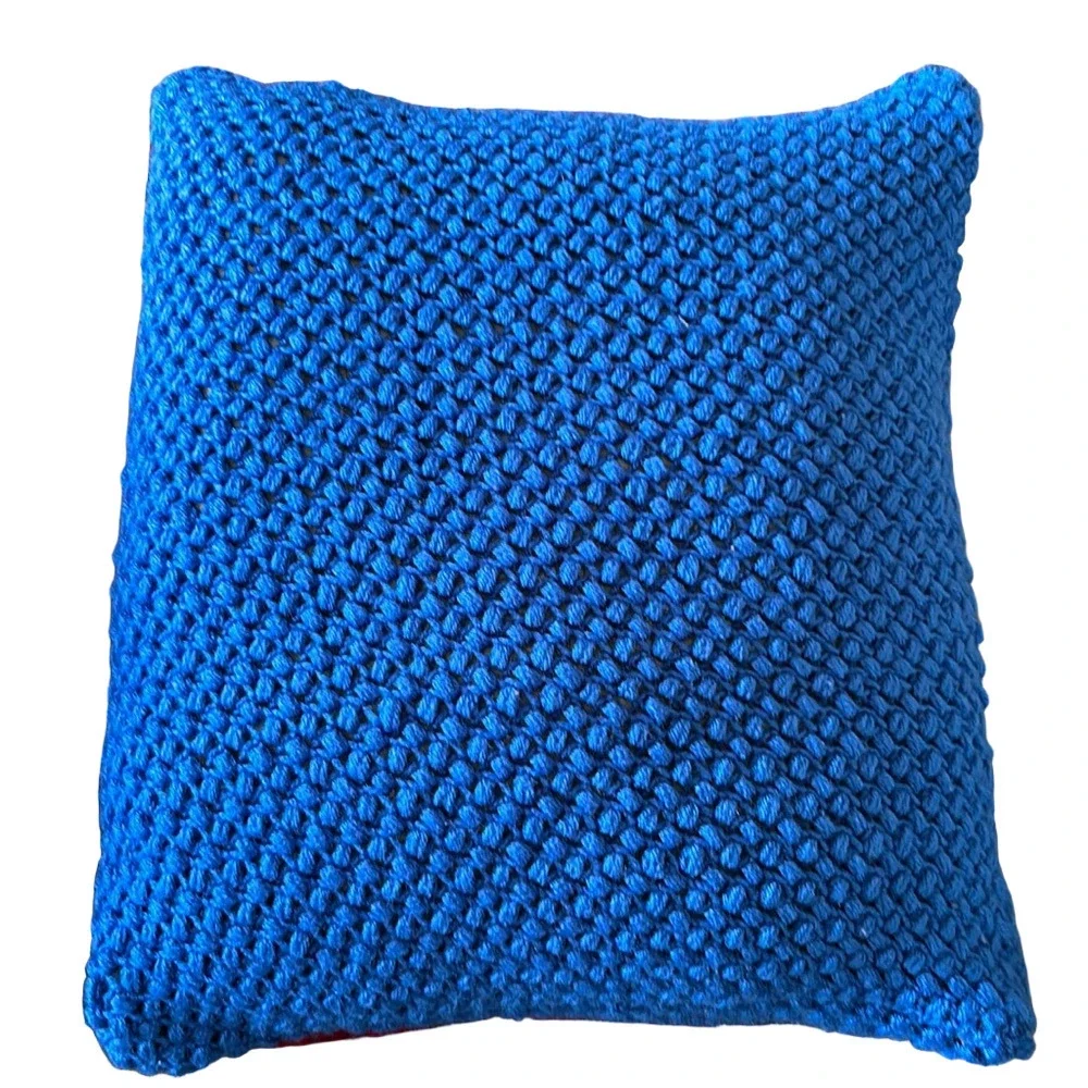 Hand Crafted Bright Blue Knit Throw Pillow Cover 18 x 18 Hand Crochet Heirloom